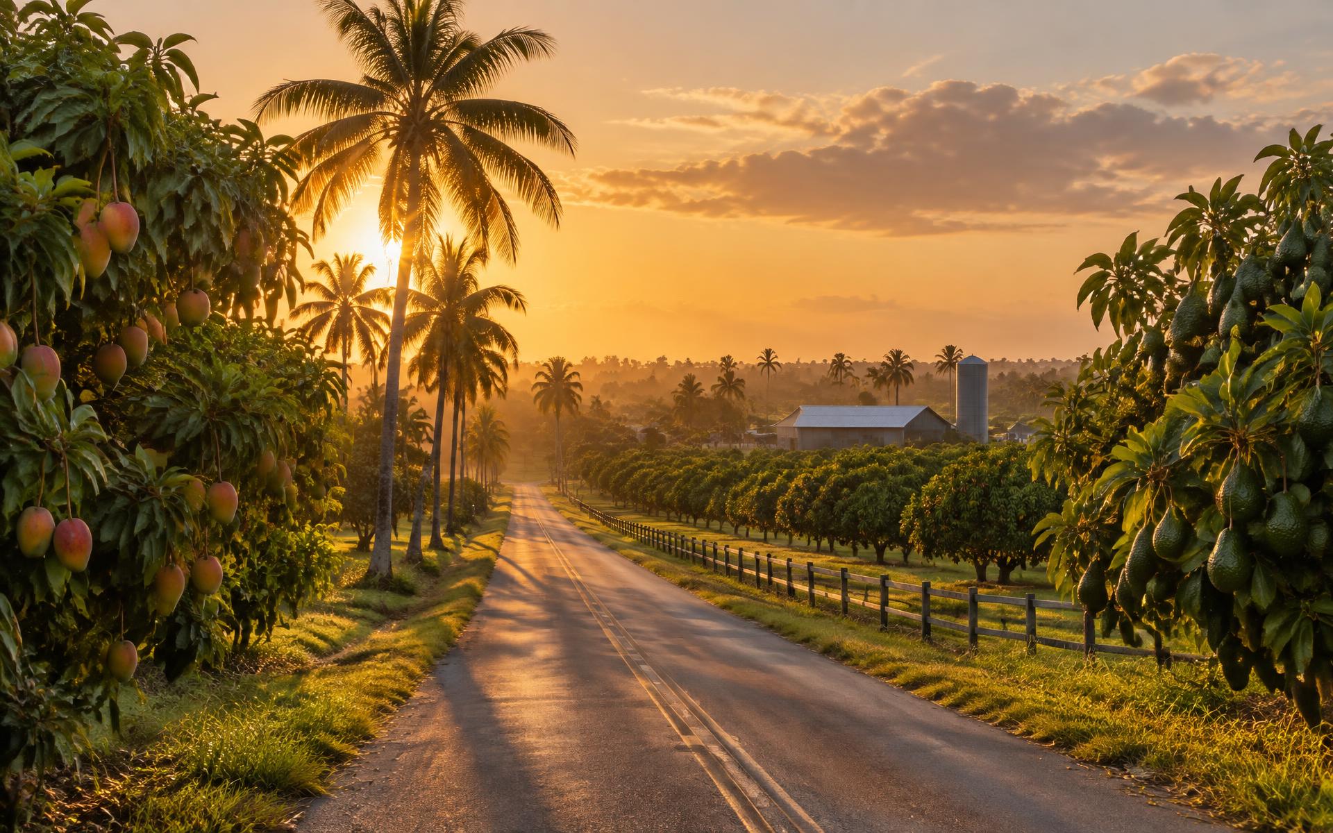 Sunlit country road through tropical fruit groves in the Redland